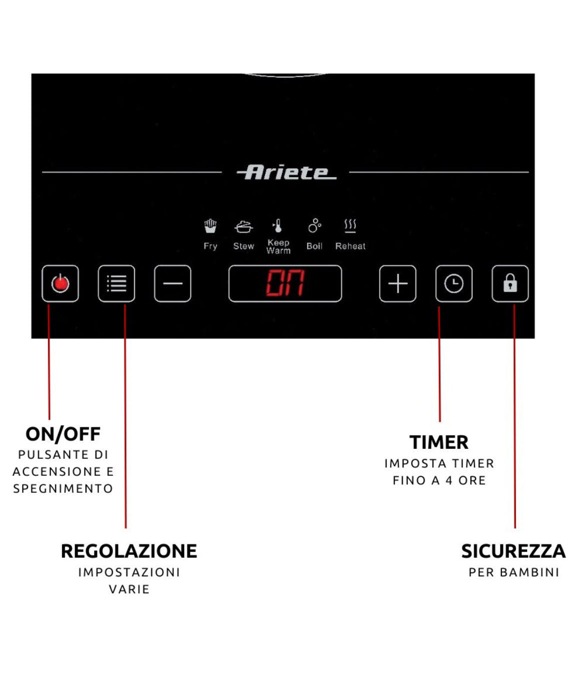 Piastra a induzione singola
1997/00
Per campeggi, ufficio o cucina. 2000W e 10 livelli di potenza. 5 Programmi preimpostati. Sicurezza per bambini.