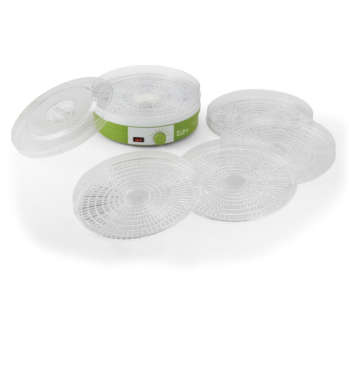 B-dry
0616/00
Essiccatore per disidratare frutta, verdura, funghi, erbe, carne. Temperatura regolabile da 35°C a 70°C. Distribuzione uniforme del calore. 5 cestelli intercambiabili con coperchio BPA Free. Verde