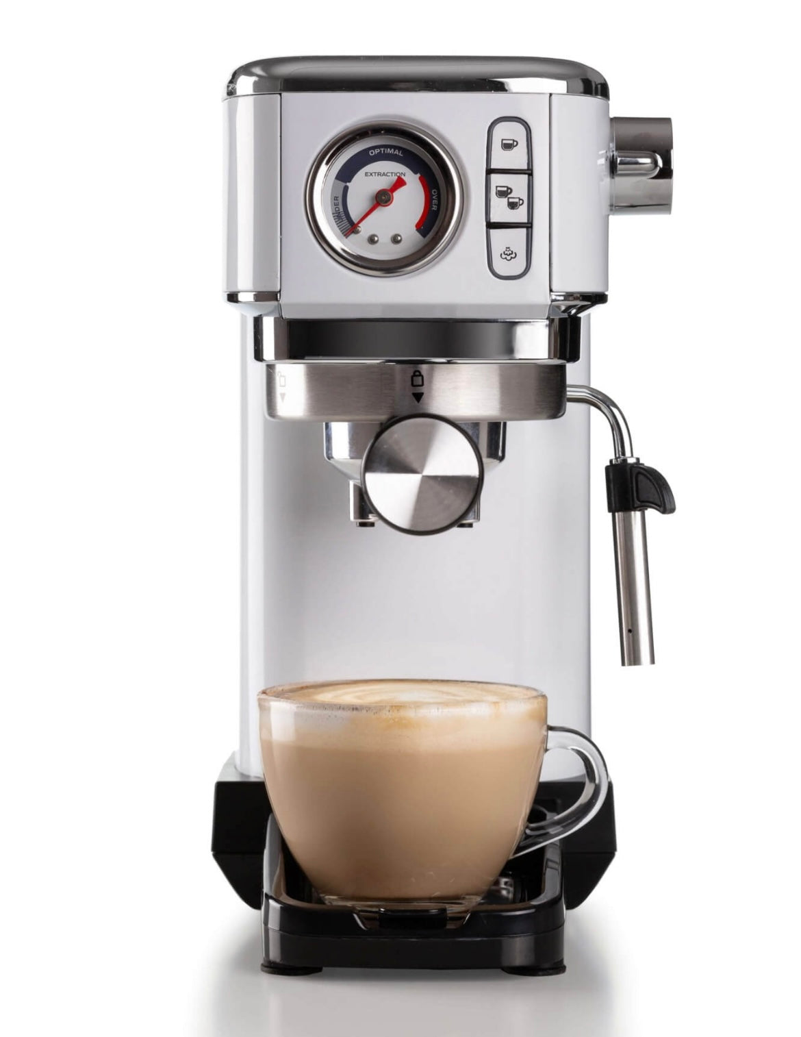 Macchina per caffè espresso Metal con manometro 1381 Bianco
1381/14
Solida preziosa e compatta per caffè gustosi e cappuccini cremosi grazie al dispositivo Maxi-Cappuccino. Manometro integrato. Compatibile con polvere di caffè e cialde ESE. Erogazione acq