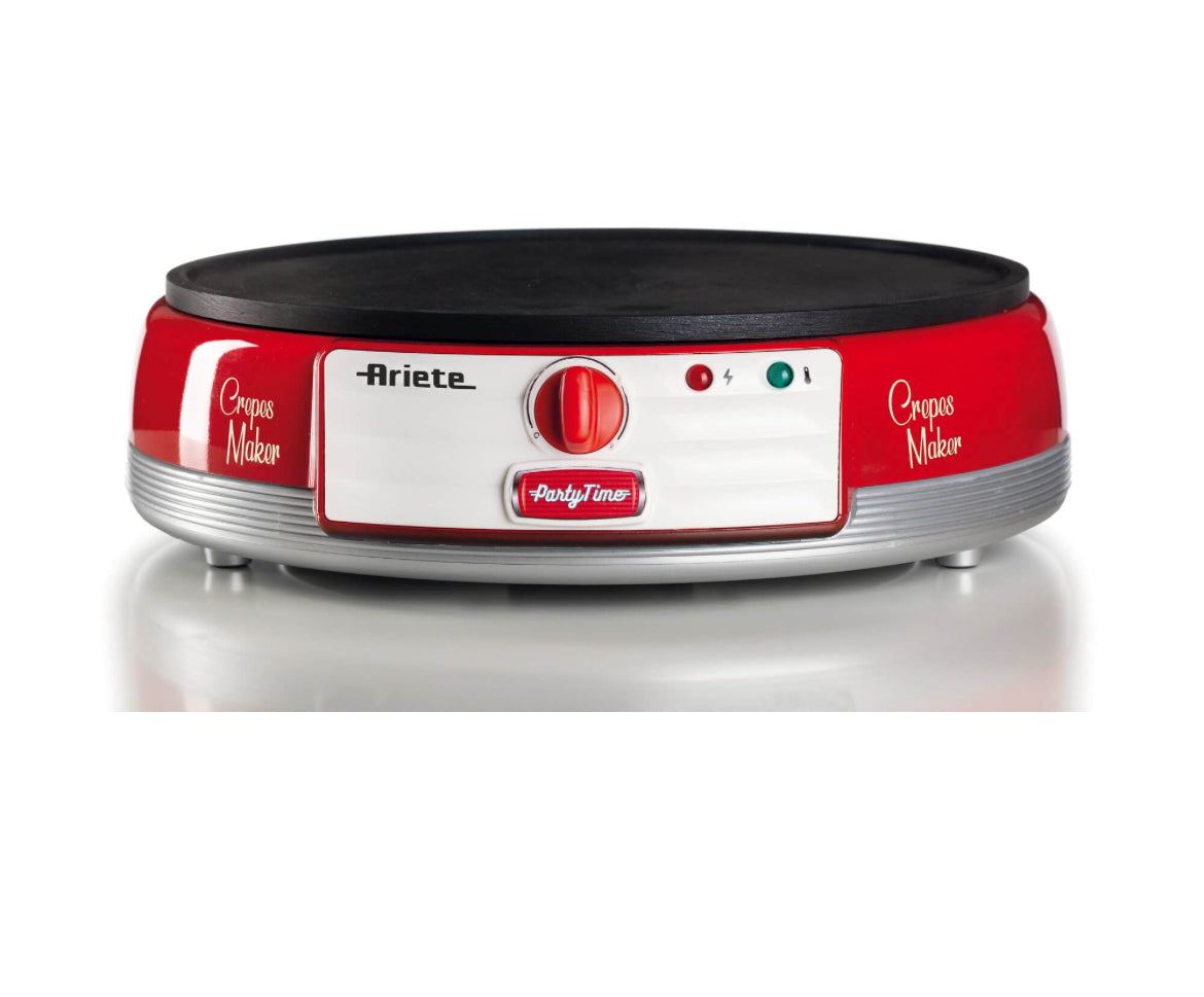 Crepes Maker Party Time Rosso
0202/00
Piastra elettrica rossa per crepes con il design unico degli American Diner anni ‘50. Let’s party con Party Time Ariete!