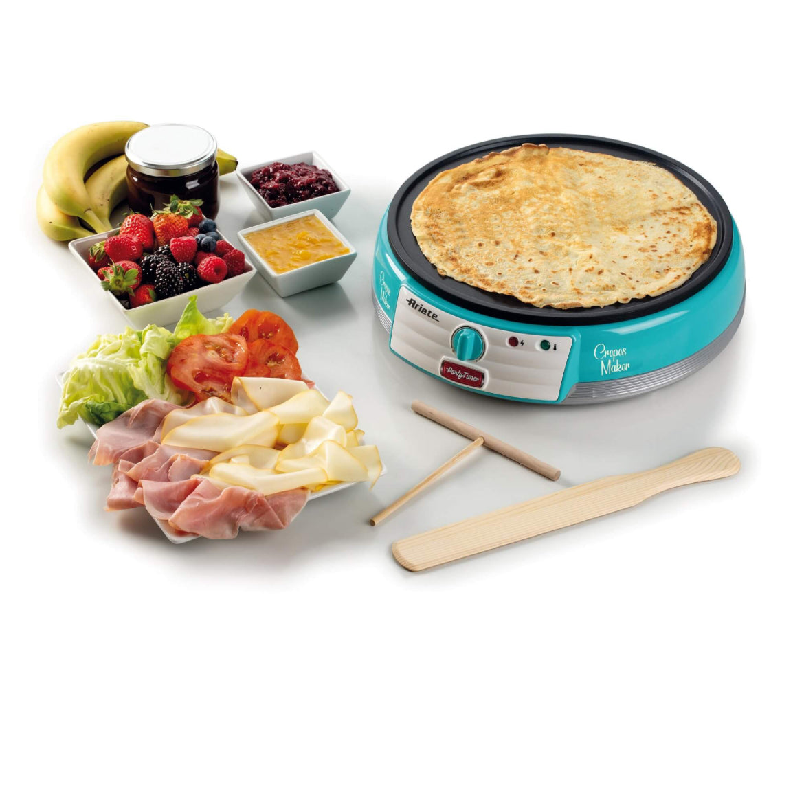 Crepes Maker Party Time Celeste
0202/01
Piastra elettrica celeste per crepes con il design unico degli American Diner anni ‘50. Let’s party con Party Time Ariete!