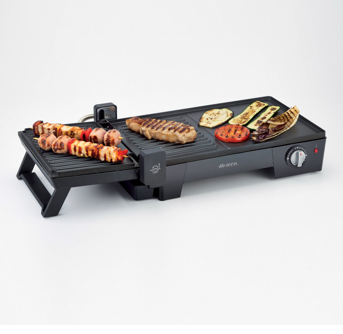 Multi Grill 3 in 1
1916/10
Griglia elettrica da tavolo 3 in 1 con piastra liscia e rigata, piastra a contatto, barbecue estendibile. Rotazione del coperchio a 180°. Termostato regolabile.