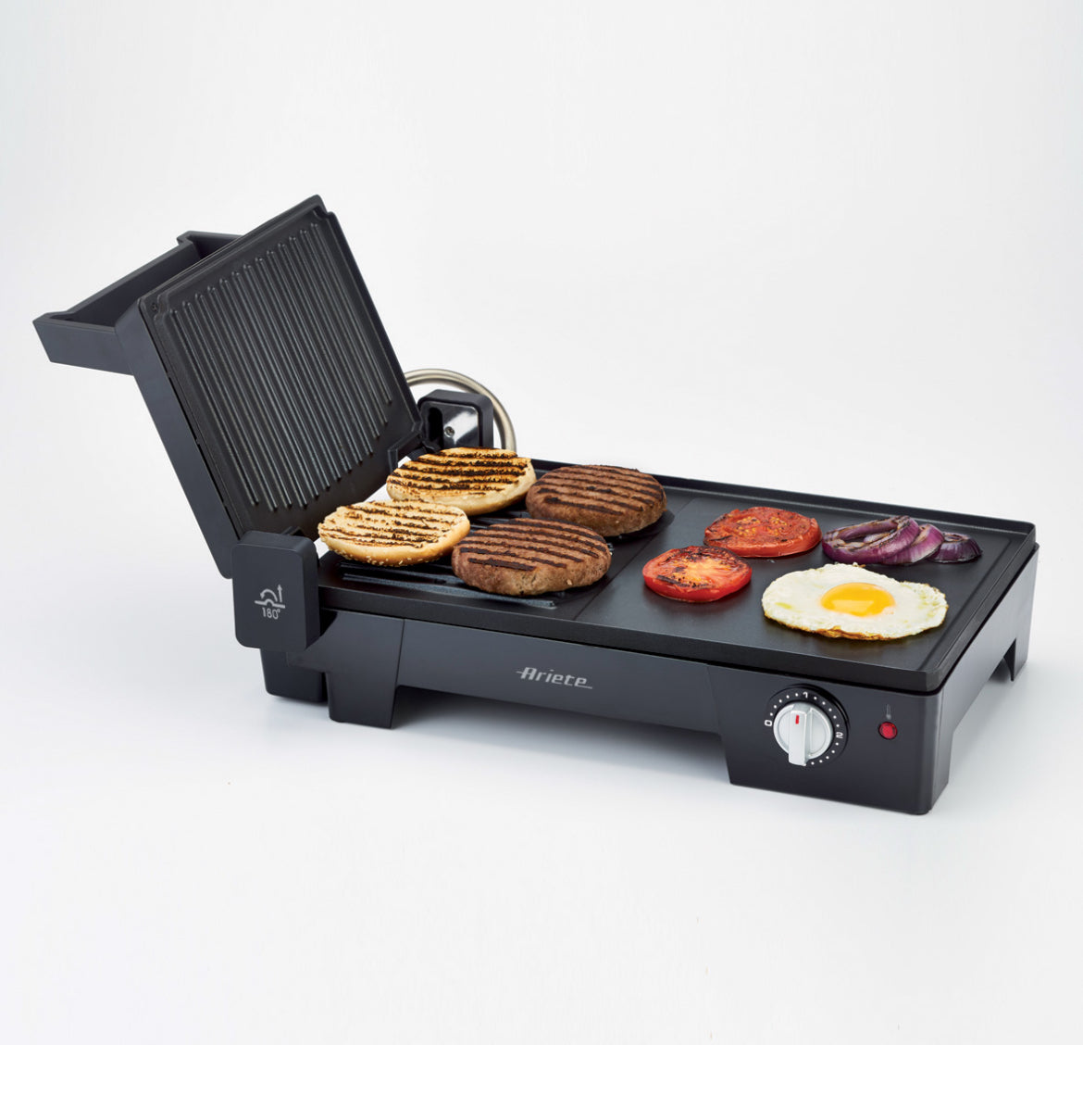 Multi Grill 3 in 1
1916/10
Griglia elettrica da tavolo 3 in 1 con piastra liscia e rigata, piastra a contatto, barbecue estendibile. Rotazione del coperchio a 180°. Termostato regolabile.