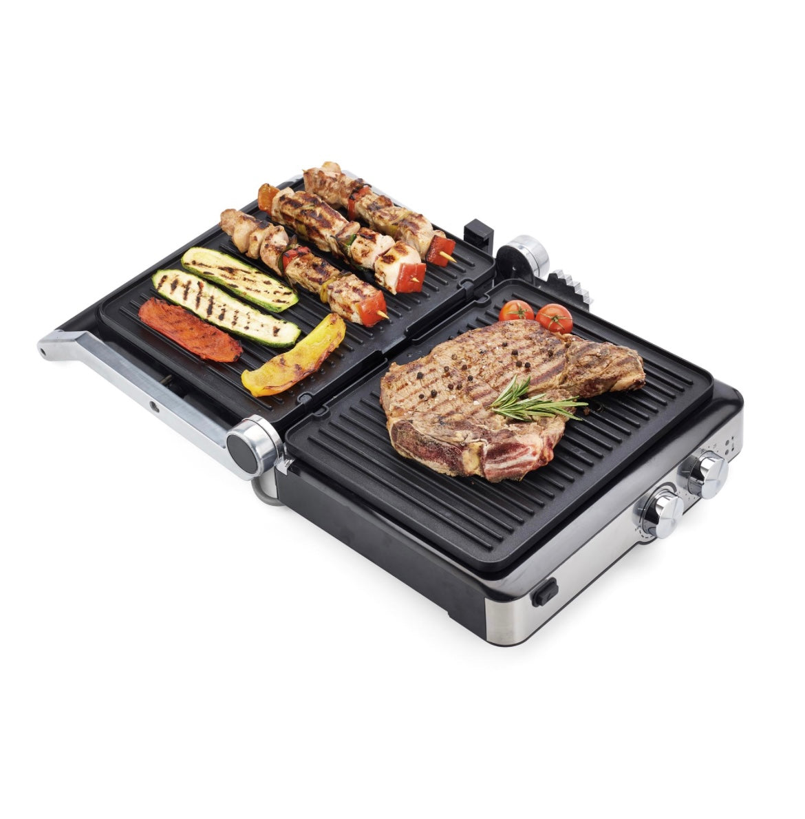 Grill and Taste
1918/00
Griglia elettrica da tavolo con piastre antiaderenti basculanti. Ideale per toast e panini o per grigliate di carne e pesce grazie all’opzione cottura a piastre aperte. Temperatura regolabile, 5 livelli di cottura a fornetto