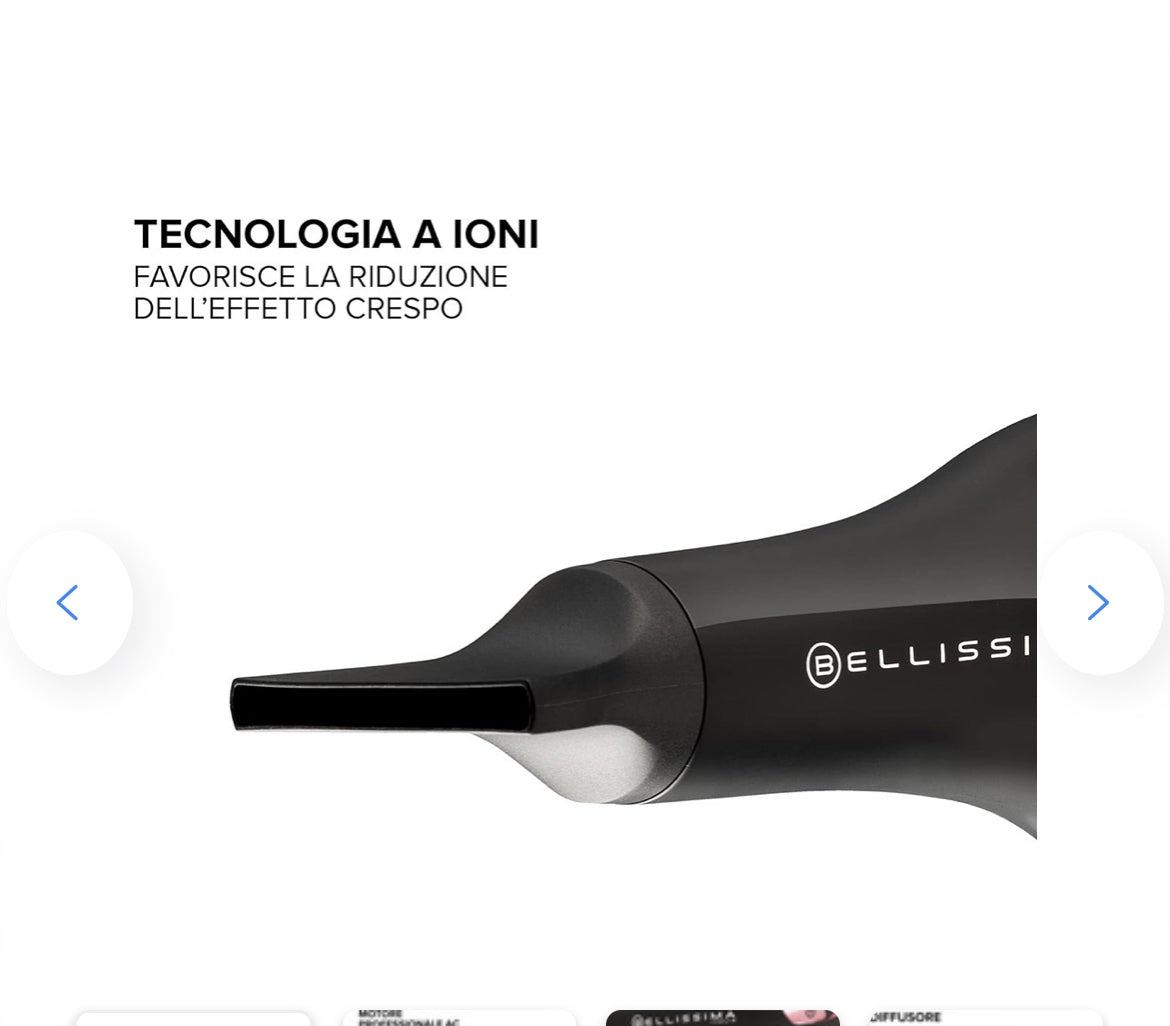 Bellissima 11858 P7 3200 Asciugacapelli, Motore Professionale, 2100 Watt, Ionizzatore, 2 Velocità, 3 Temperature, Diffusore per Ricci, Colpo Aria Fredda, Leggero, Custodia da Viaggio, Fermacavo