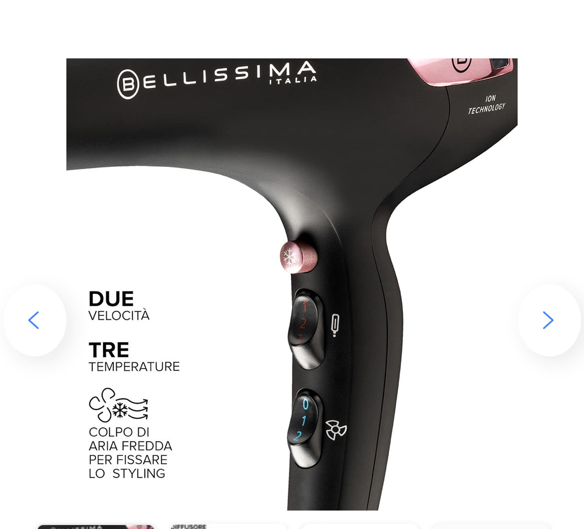 Bellissima 11858 P7 3200 Asciugacapelli, Motore Professionale, 2100 Watt, Ionizzatore, 2 Velocità, 3 Temperature, Diffusore per Ricci, Colpo Aria Fredda, Leggero, Custodia da Viaggio, Fermacavo