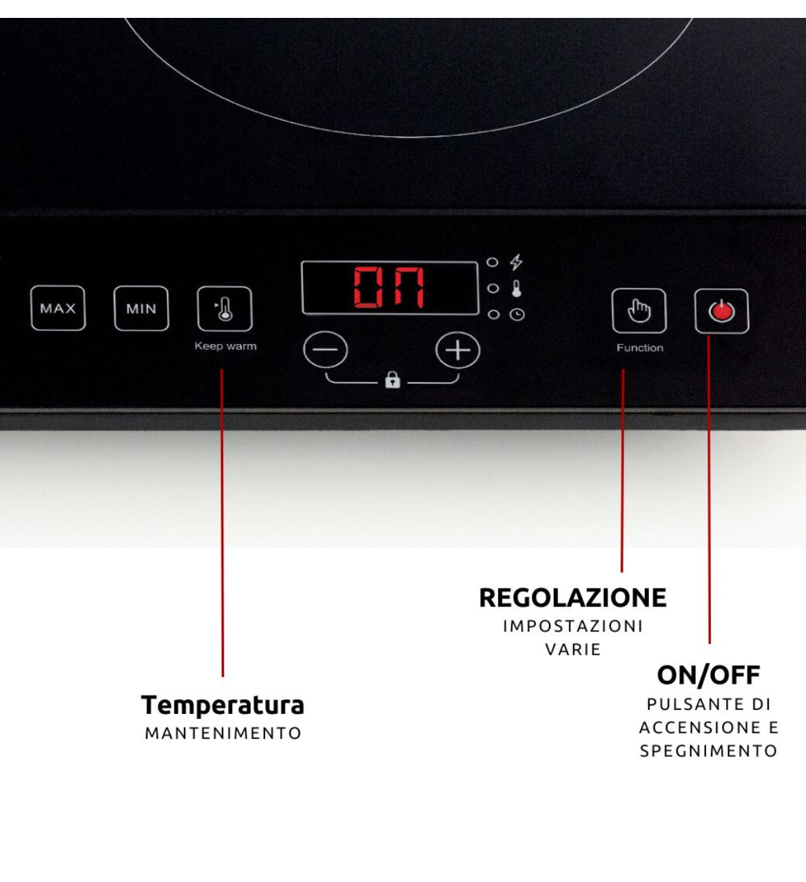 Piastra a induzione doppia
1998/00
Per campeggi, ufficio o cucina. 2000W + 1500W, 12 livelli potenza e 10 livelli temperatura. 2 piastre in vetroceramica. Sicurezza per bambini.