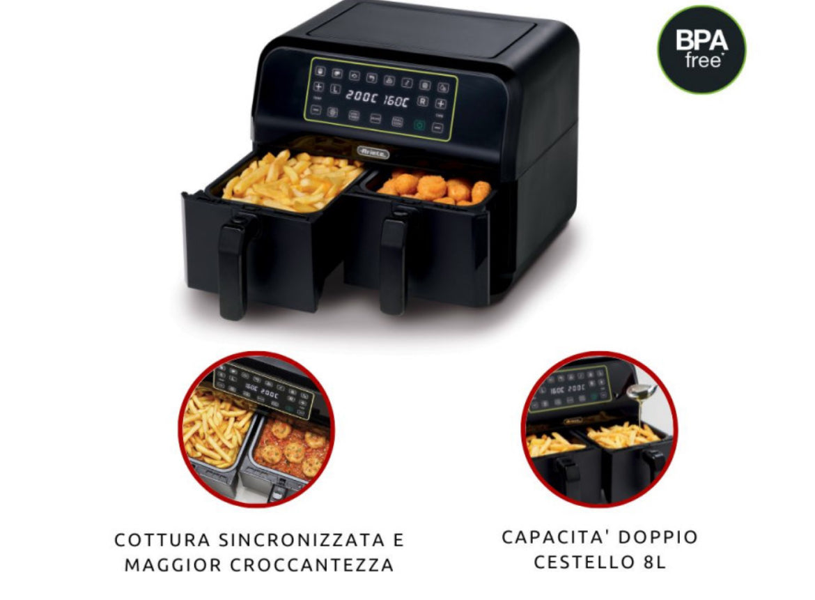 Airy Fryer Dual
4623/00
Per doppie quantità di fritto e cotture separate grazie ai 2 cestelli antiaderenti. Adatta a fritture di pesce, carne, crocchette, patatine e alimenti impanati. 3 funzioni ideali per cene in famiglia e con amici. BPA Free