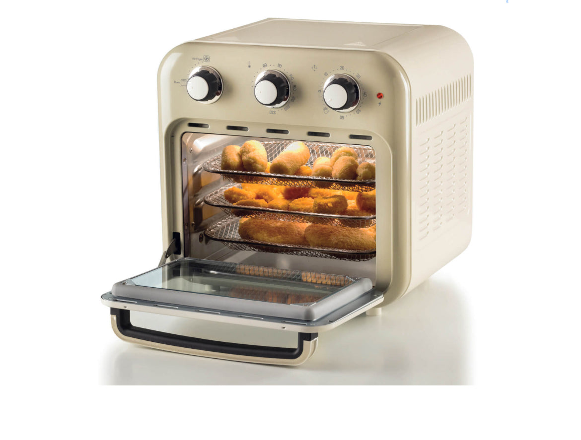 Vintage
Friggitrice ad aria + Forno Vintage Beige
4632/03
Per grandi quantità di fritto e tanta croccantezza, 16L di capacità. Adatta a fritture di pesce, carne, crocchette, patatine e alimenti impanati. Cestello trasparente. Con luce interna.