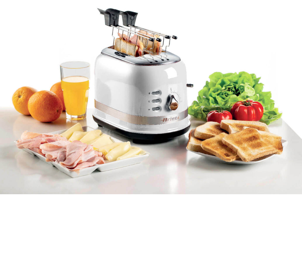 Tostapane Moderna Bianco
0149/01
Tostapane di design che unisce estetica e funzionalità per tostare perfettamente pane o sandwich farciti. 2 Fette con pinze in dotazione. 6 Livelli di Doratura. Funzioni: Cottura, Riscaldamento, Scongelamento. Bianco