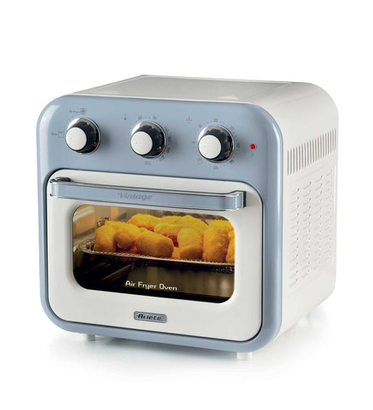 Friggitrice ad aria + Forno Vintage Celeste
4632/05
Per grandi quantità di fritto e tanta croccantezza, 16L di capacità. Adatta a fritture di pesce, carne, crocchette, patatine e alimenti impanati. Cestello trasparente. Con luce interna.