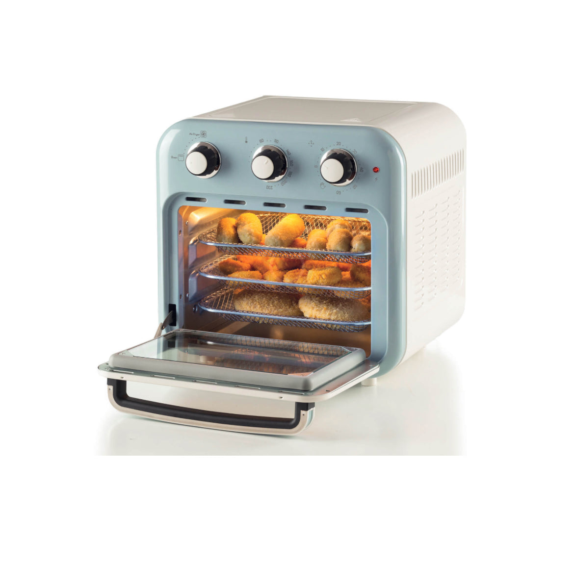 Friggitrice ad aria + Forno Vintage Celeste
4632/05
Per grandi quantità di fritto e tanta croccantezza, 16L di capacità. Adatta a fritture di pesce, carne, crocchette, patatine e alimenti impanati. Cestello trasparente. Con luce interna.