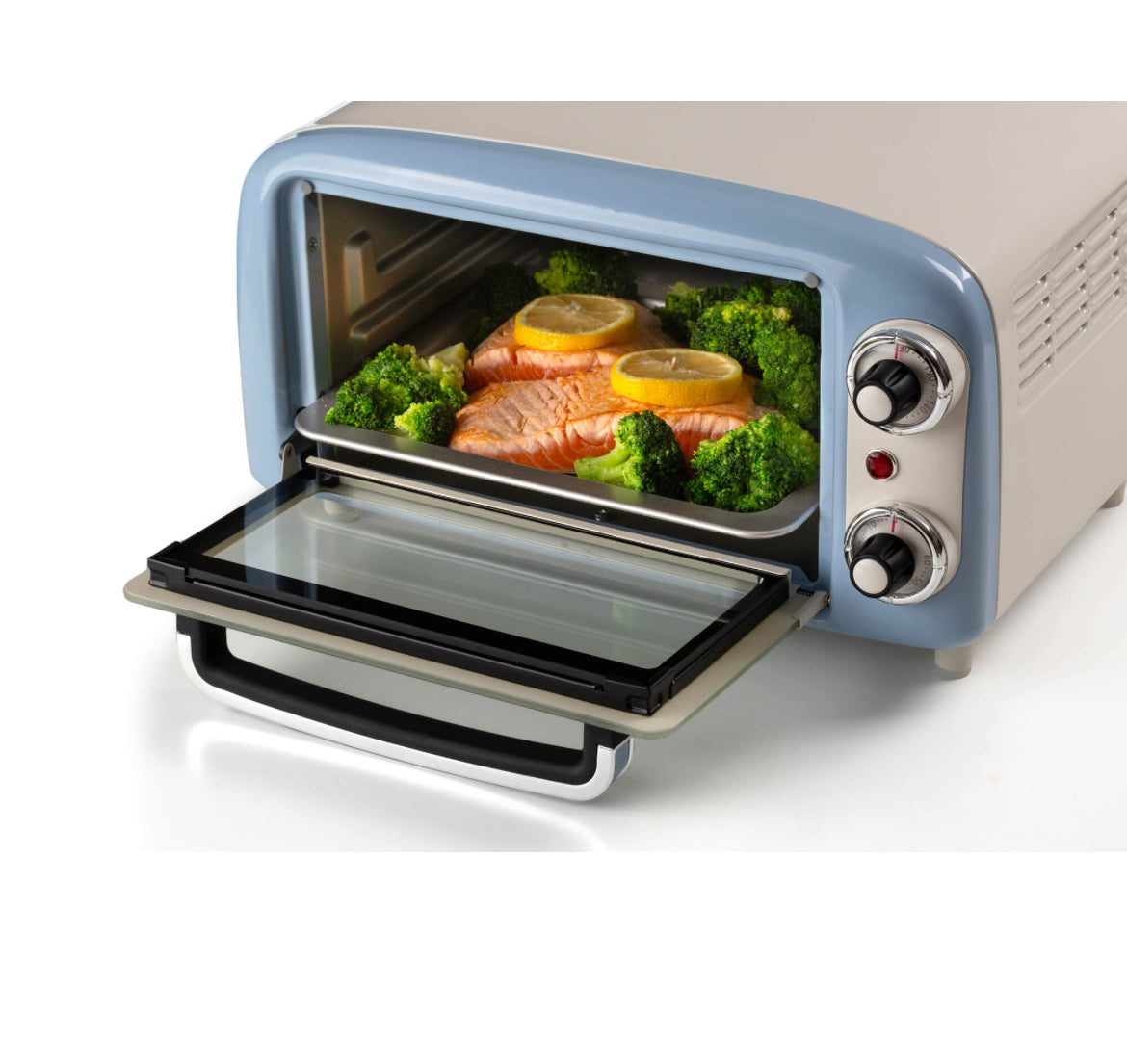 Forno Vintage Celeste 10L
3919/05
Forno Elettrico Vintage 10 Litri, doppio vetro, timer impostabile fino a 60’, temperatura regolabile fino a 230°C.