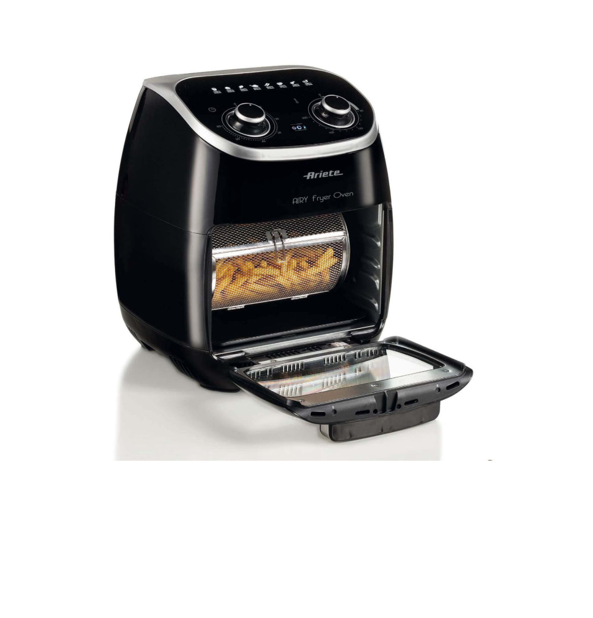 Airy Fryer Oven
4619/00
Friggitrice ad aria e Forno Elettrico con cestello rotante, funzione girarrosto ed essiccatore. Cuoce su più ripiani separati diversi alimenti. Senza fumo e cattivi odori. Accessori inclusi. BPA Free
