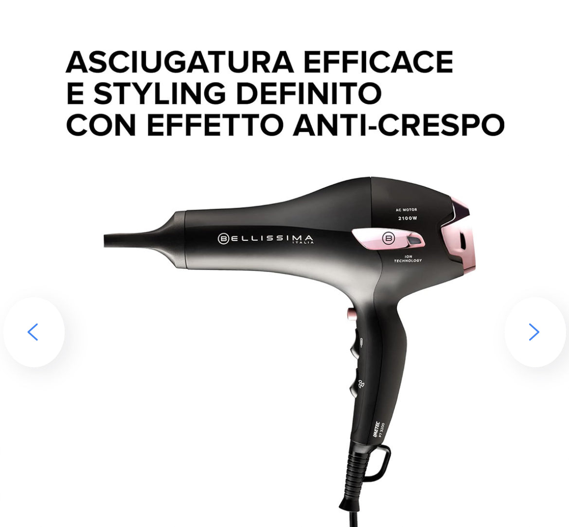 Bellissima 11858 P7 3200 Asciugacapelli, Motore Professionale, 2100 Watt, Ionizzatore, 2 Velocità, 3 Temperature, Diffusore per Ricci, Colpo Aria Fredda, Leggero, Custodia da Viaggio, Fermacavo
