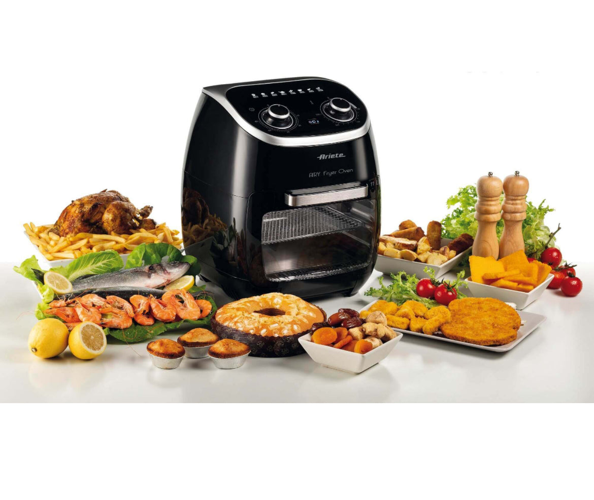 Airy Fryer Oven
4619/00
Friggitrice ad aria e Forno Elettrico con cestello rotante, funzione girarrosto ed essiccatore. Cuoce su più ripiani separati diversi alimenti. Senza fumo e cattivi odori. Accessori inclusi. BPA Free