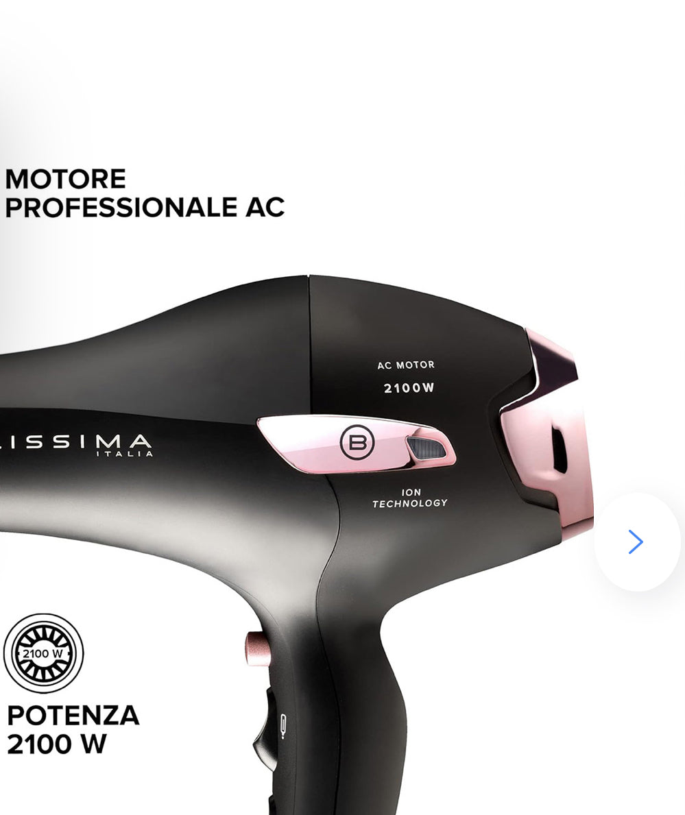Bellissima 11858 P7 3200 Asciugacapelli, Motore Professionale, 2100 Watt, Ionizzatore, 2 Velocità, 3 Temperature, Diffusore per Ricci, Colpo Aria Fredda, Leggero, Custodia da Viaggio, Fermacavo