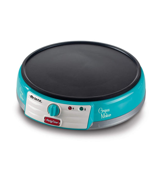 Crepes Maker Party Time Celeste
0202/01
Piastra elettrica celeste per crepes con il design unico degli American Diner anni ‘50. Let’s party con Party Time Ariete!