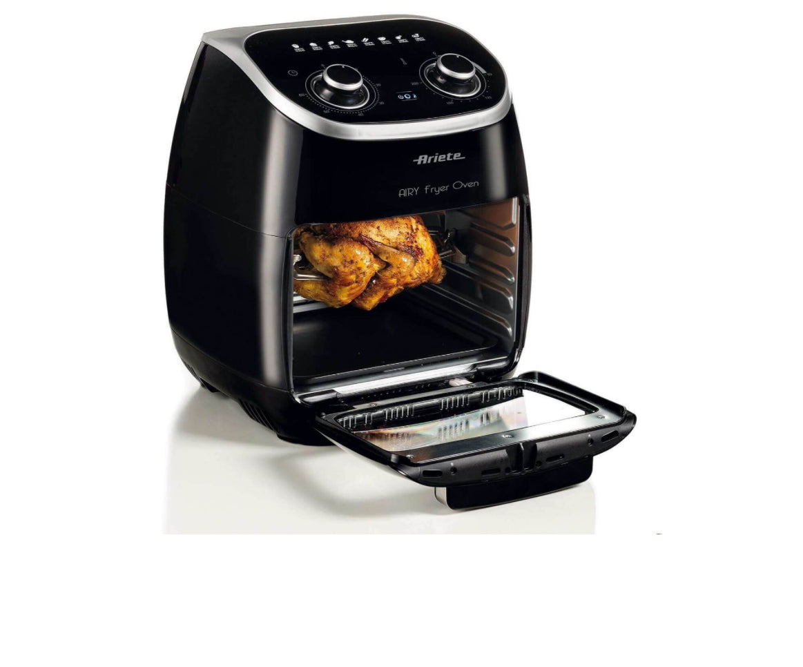 Airy Fryer Oven
4619/00
Friggitrice ad aria e Forno Elettrico con cestello rotante, funzione girarrosto ed essiccatore. Cuoce su più ripiani separati diversi alimenti. Senza fumo e cattivi odori. Accessori inclusi. BPA Free