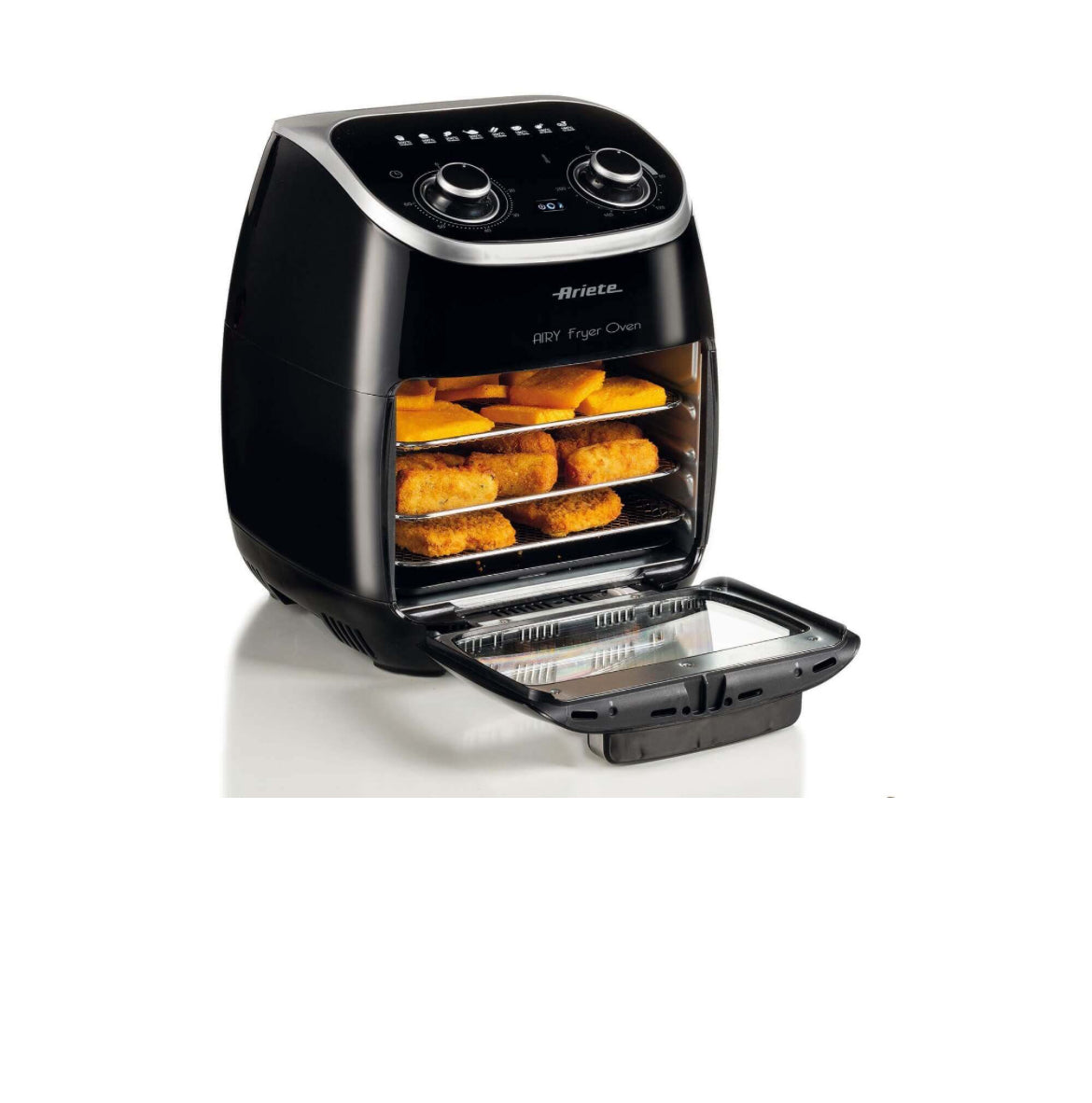 Airy Fryer Oven
4619/00
Friggitrice ad aria e Forno Elettrico con cestello rotante, funzione girarrosto ed essiccatore. Cuoce su più ripiani separati diversi alimenti. Senza fumo e cattivi odori. Accessori inclusi. BPA Free