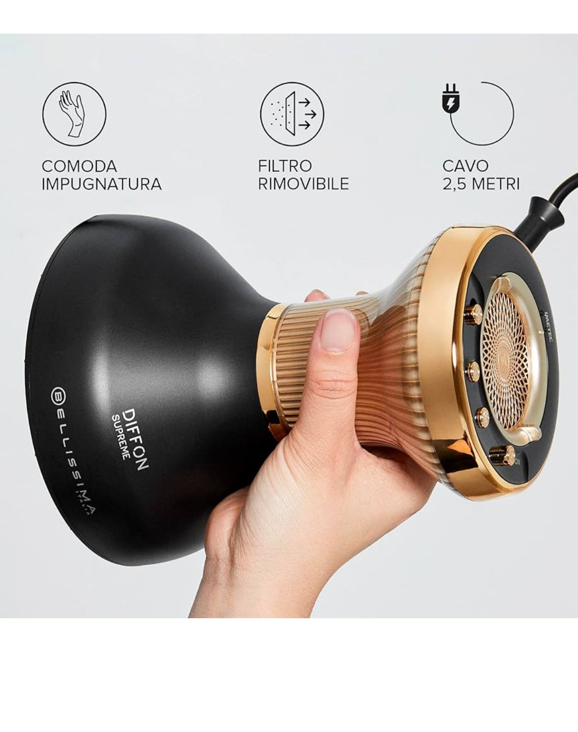 Bellissima Imetec Diffon Supreme, Diffusore ad Aria Calda per Capelli Ricci, Diffusore XL con 12 Dita, Tecnologia Ceramica&Argan Oil, 2 Velocità, 3 Temperature, Asciugatura Delicata 11824