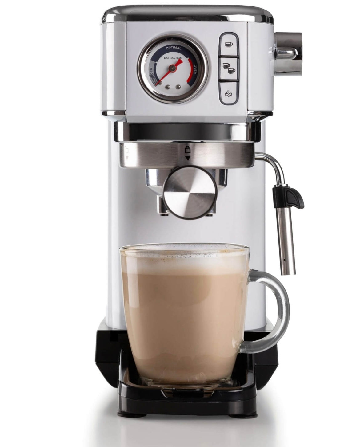 Macchina per caffè espresso Metal con manometro 1381 Bianco
1381/14
Solida preziosa e compatta per caffè gustosi e cappuccini cremosi grazie al dispositivo Maxi-Cappuccino. Manometro integrato. Compatibile con polvere di caffè e cialde ESE. Erogazione acq