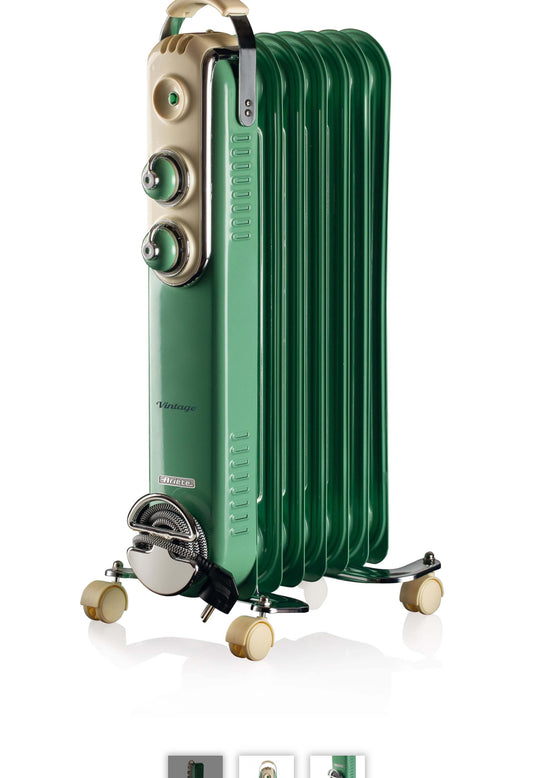 Vintage
Radiatore a olio 7 elementi Verde
0837/14
Elementi riscaldanti attivi in pochi minuti. 3 Livelli di potenza. Pratico, maneggevole e facilmente trasportabile grazie alla maniglia incorporata e alle 4 ruote girevoli a 360°.