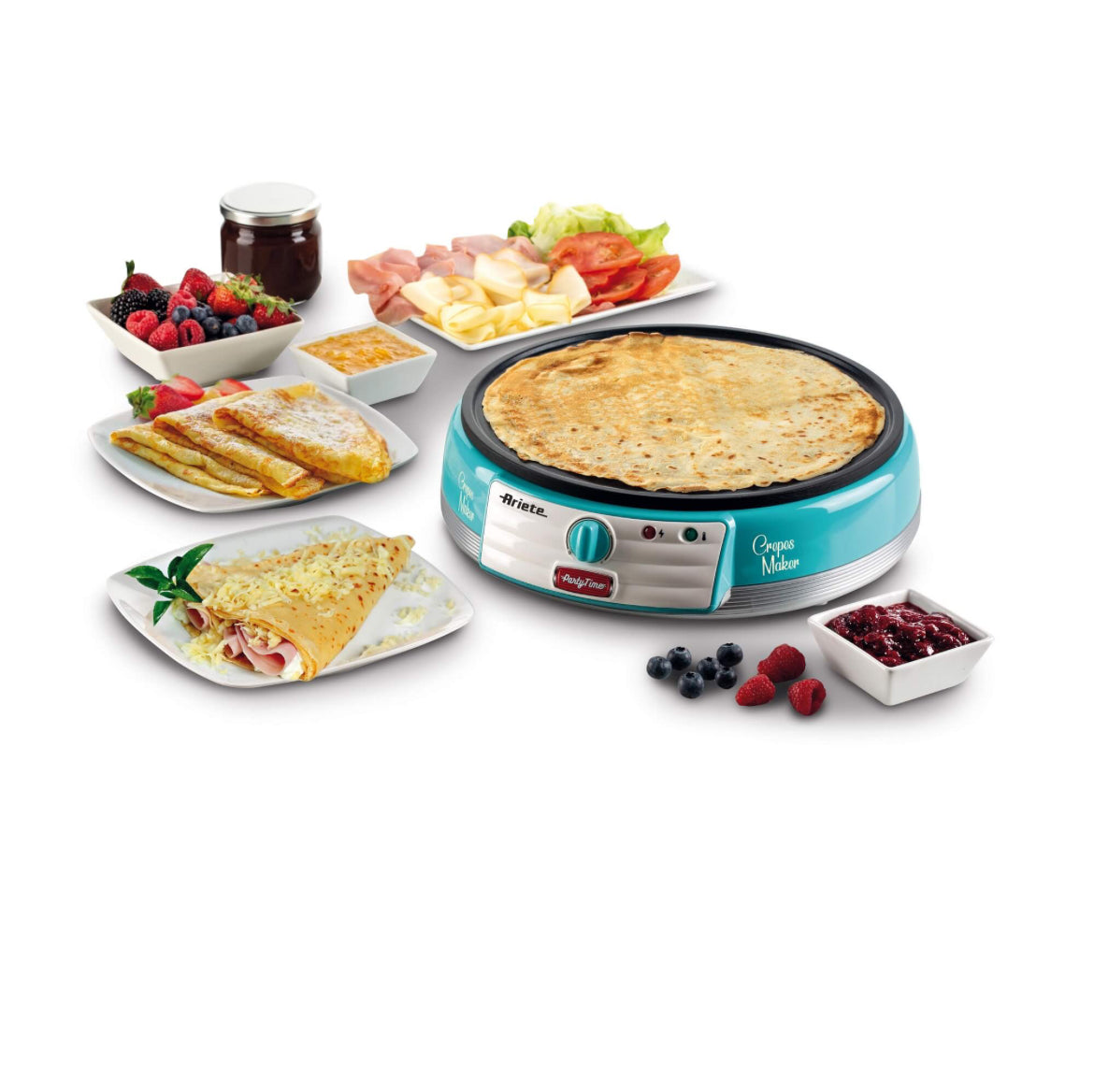 Crepes Maker Party Time Celeste
0202/01
Piastra elettrica celeste per crepes con il design unico degli American Diner anni ‘50. Let’s party con Party Time Ariete!