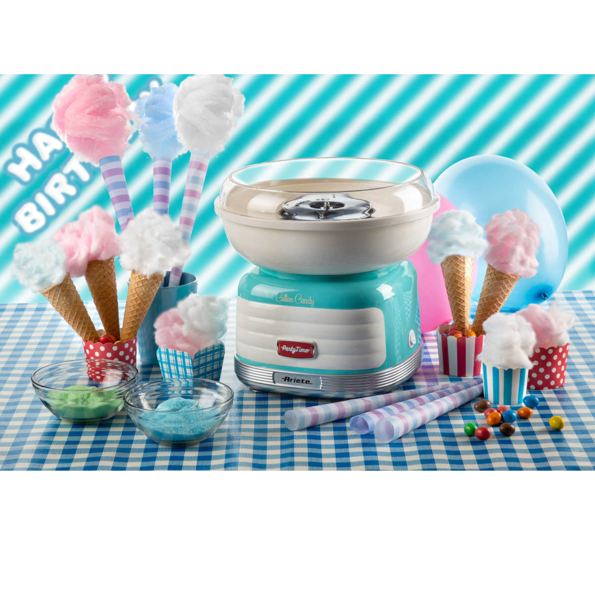 Cotton Candy Party Time Celeste
2973/01
Macchina Azzurra per zucchero filato con il design unico degli American Diner anni ‘50. Compatibile con zucchero semolato o caramelle dure. Let’s party con Party Time Ariete!