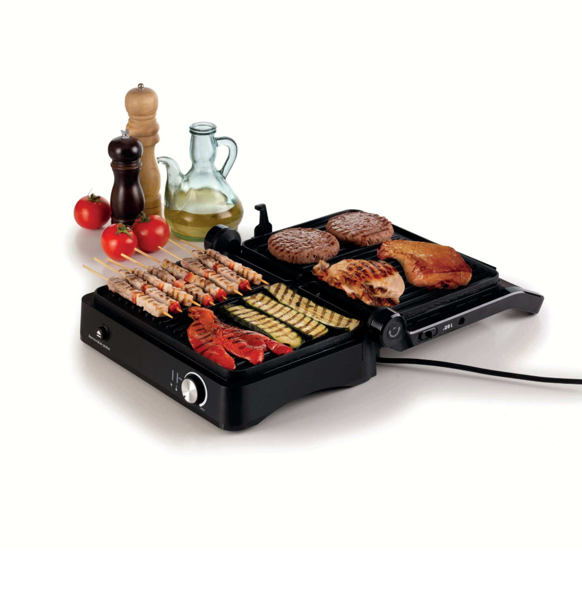 MetalGrill 3in1
1934/00
Per grigliate miste di carne, verdure e pesce senza fumo e odori sgradevoli. Con 3 tipi di cottura: a contatto, a fornetto e a libro aperto fino a 180°C. Temperatura regolabile e griglie antiaderenti removibili.