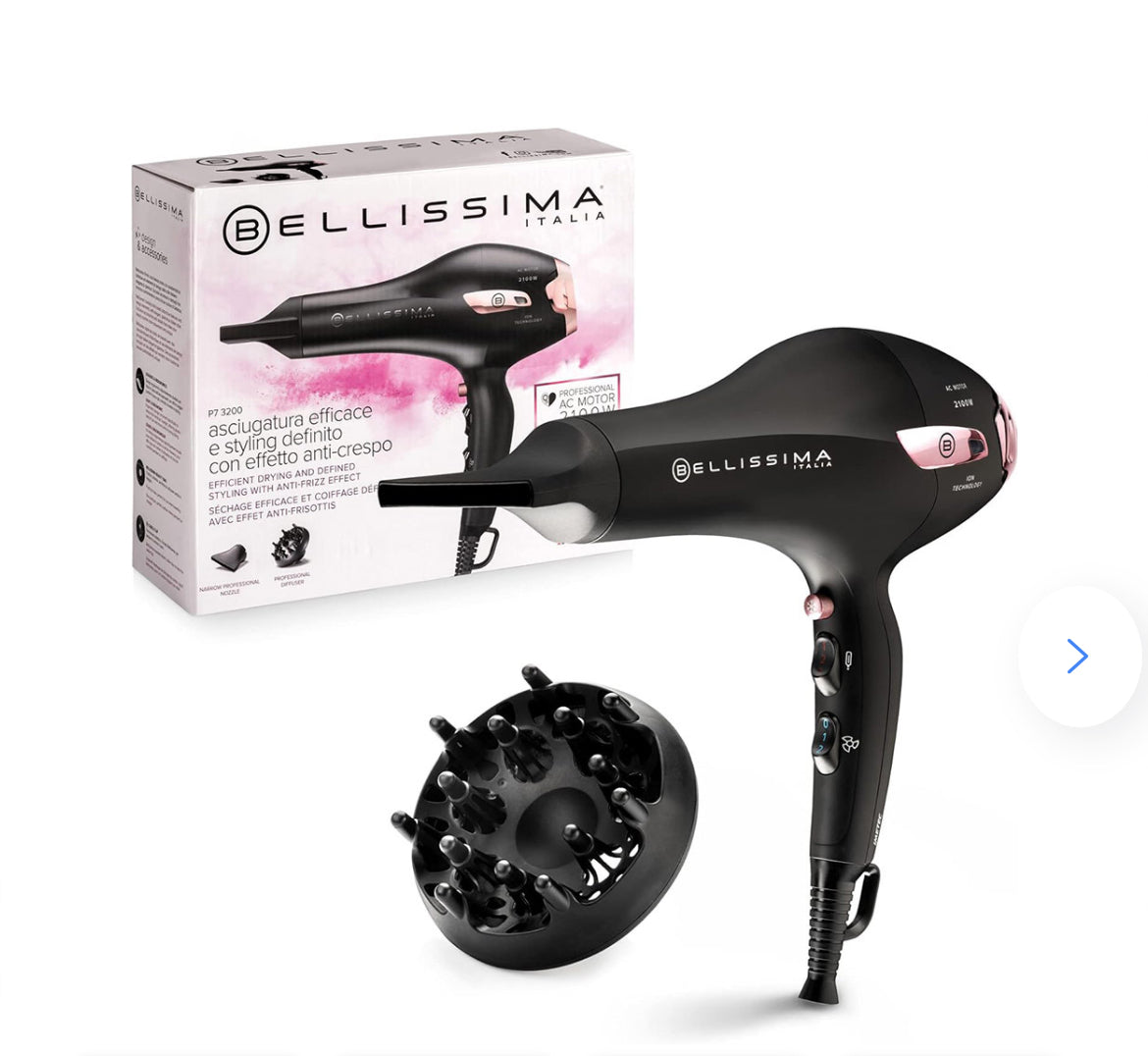 Bellissima 11858 P7 3200 Asciugacapelli, Motore Professionale, 2100 Watt, Ionizzatore, 2 Velocità, 3 Temperature, Diffusore per Ricci, Colpo Aria Fredda, Leggero, Custodia da Viaggio, Fermacavo