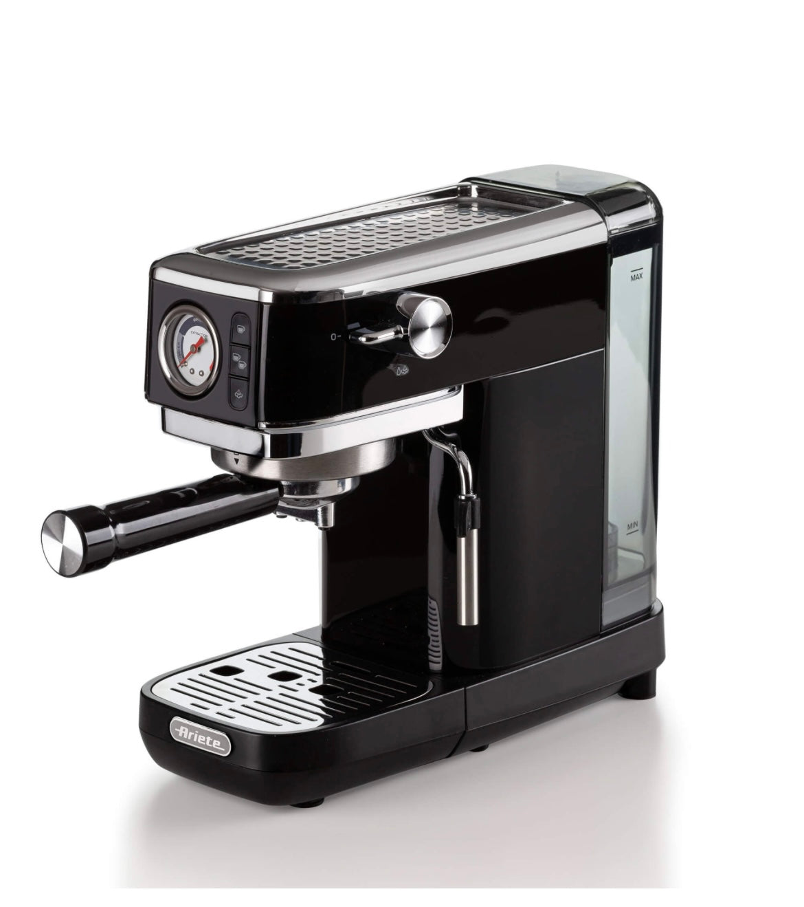 Macchina per caffè espresso Metal con manometro 1381 Nero
1381/32
Solida preziosa e compatta per caffè gustosi e cappuccini cremosi grazie al dispositivo Maxi-Cappuccino. Manometro integrato. Compatibile con polvere di caffè e cialde ESE. Erogazione acqua