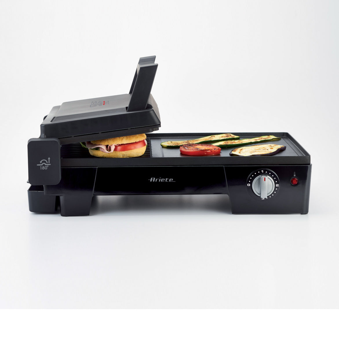 Multi Grill 3 in 1
1916/10
Griglia elettrica da tavolo 3 in 1 con piastra liscia e rigata, piastra a contatto, barbecue estendibile. Rotazione del coperchio a 180°. Termostato regolabile.