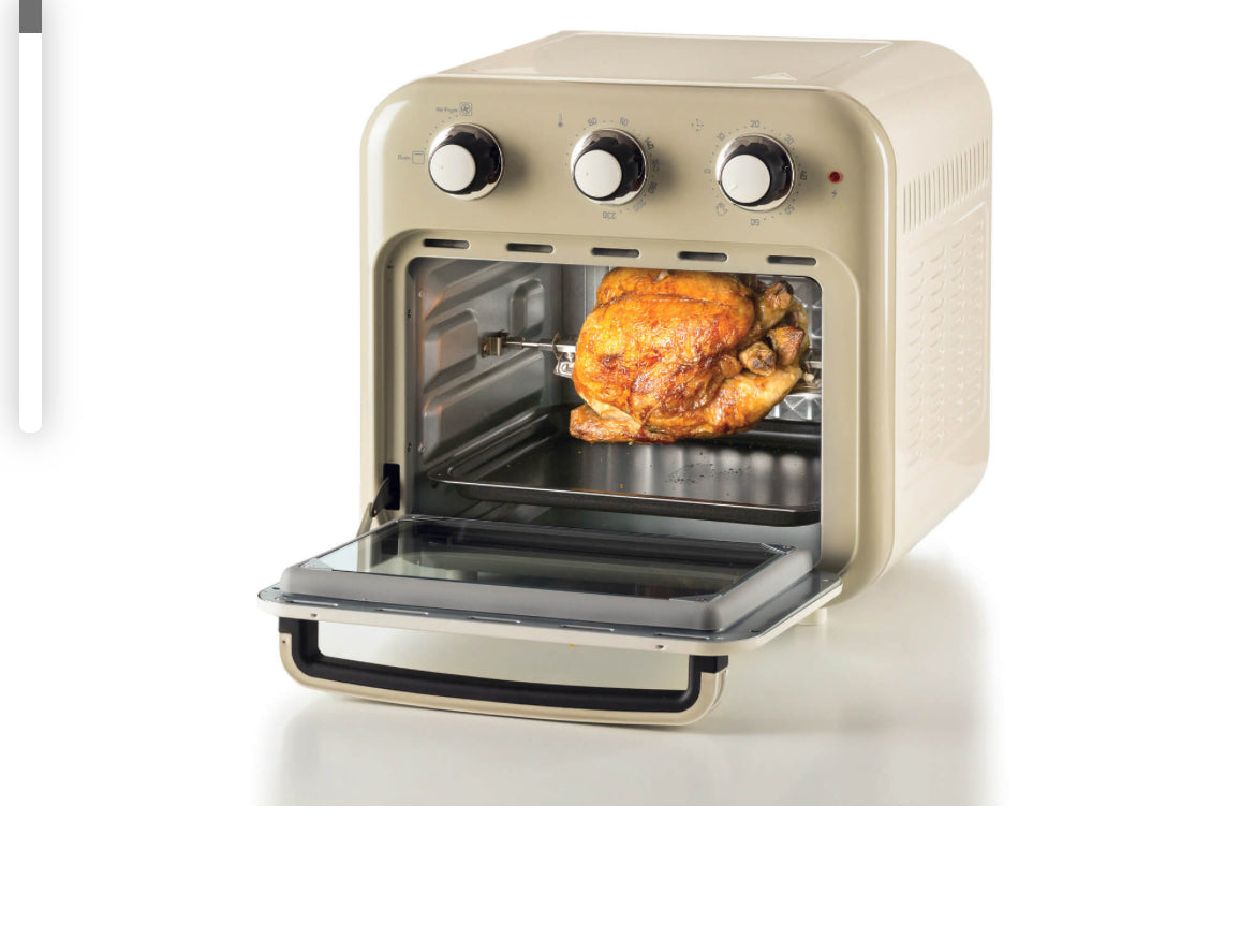 Vintage
Friggitrice ad aria + Forno Vintage Beige
4632/03
Per grandi quantità di fritto e tanta croccantezza, 16L di capacità. Adatta a fritture di pesce, carne, crocchette, patatine e alimenti impanati. Cestello trasparente. Con luce interna.