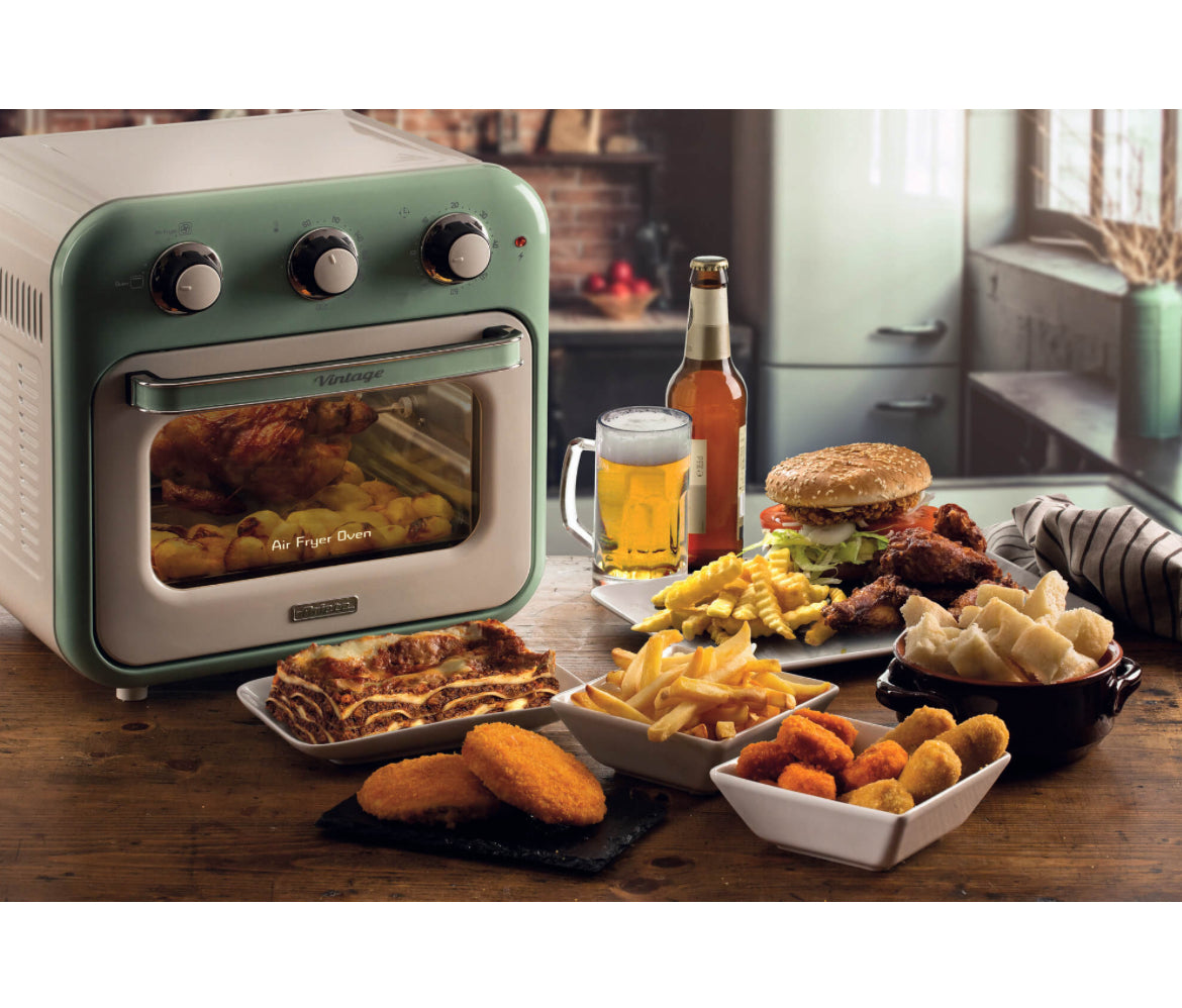 Friggitrice ad aria + Forno Vintage Verde
4632/04
Per grandi quantità di fritto e tanta croccantezza, 16L di capacità. Adatta a fritture di pesce, carne, crocchette, patatine e alimenti impanati. Cestello trasparente. Con luce interna.