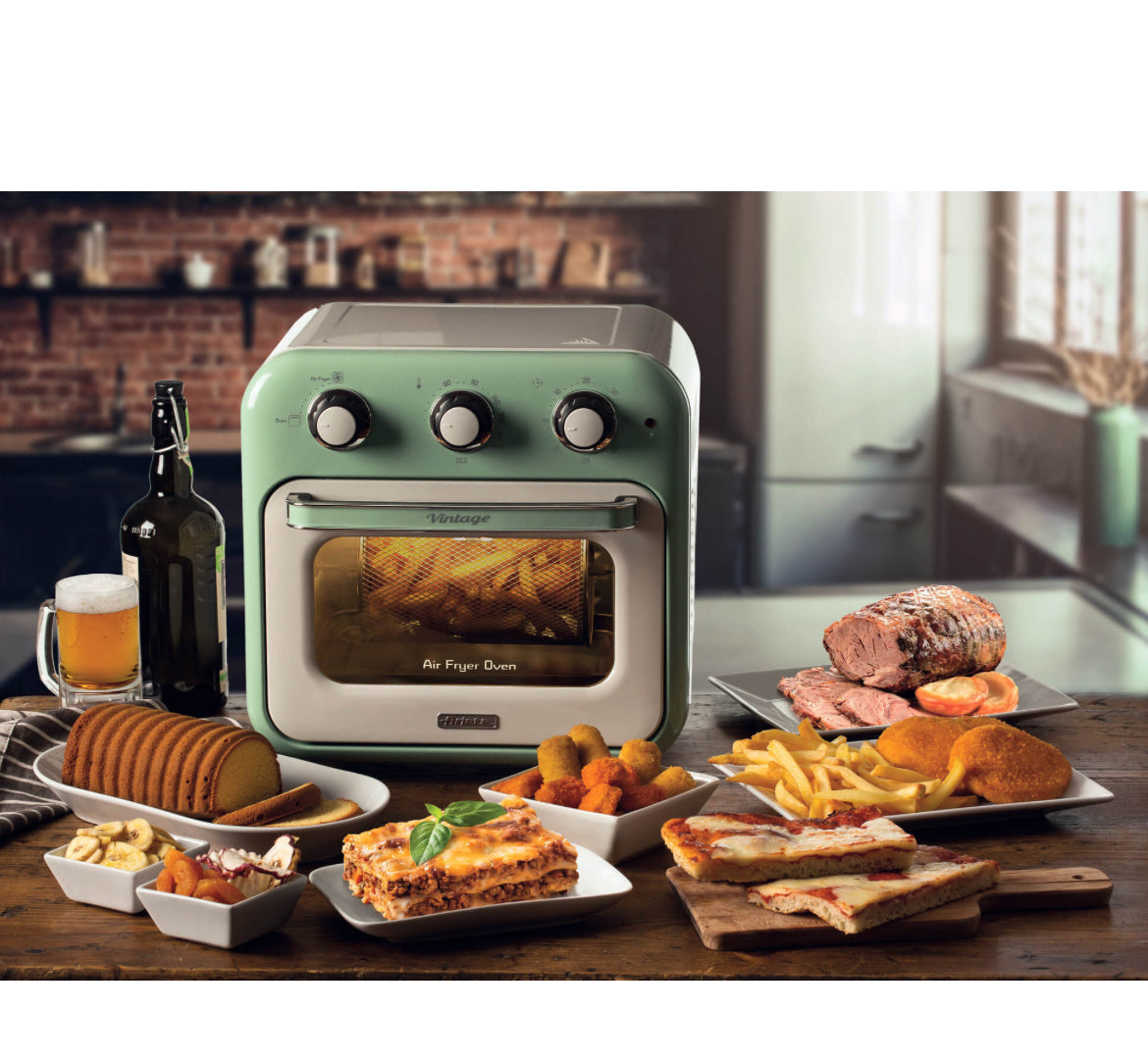 Friggitrice ad aria + Forno Vintage Verde
4632/04
Per grandi quantità di fritto e tanta croccantezza, 16L di capacità. Adatta a fritture di pesce, carne, crocchette, patatine e alimenti impanati. Cestello trasparente. Con luce interna.