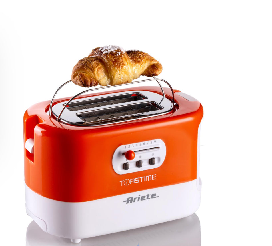 Toastime Arancione
0159/00
Tostapane arancione con pinze. 2 fette di pane. 9 livelli di doratura. Potenza 700 W.