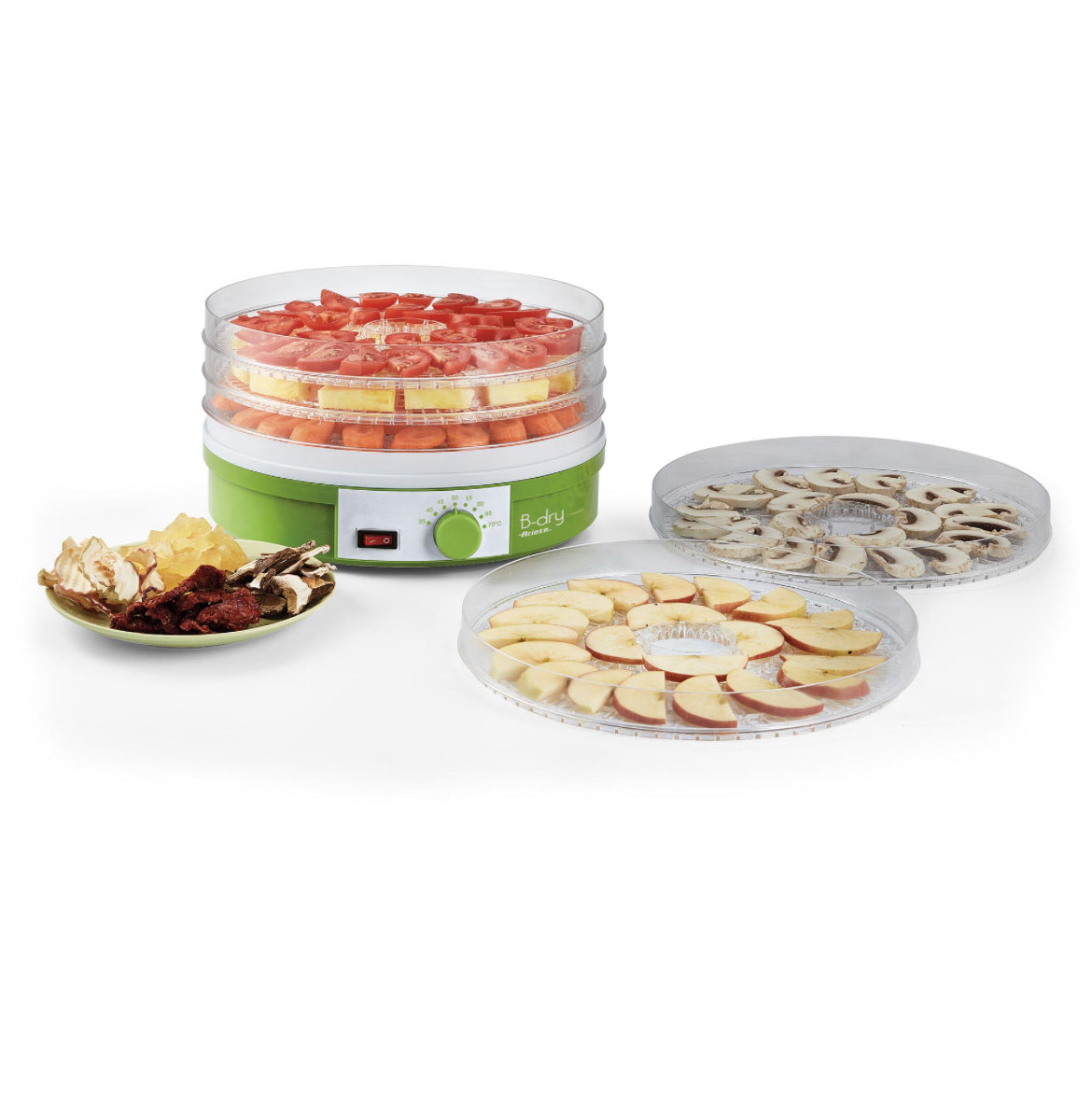 B-dry
0616/00
Essiccatore per disidratare frutta, verdura, funghi, erbe, carne. Temperatura regolabile da 35°C a 70°C. Distribuzione uniforme del calore. 5 cestelli intercambiabili con coperchio BPA Free. Verde