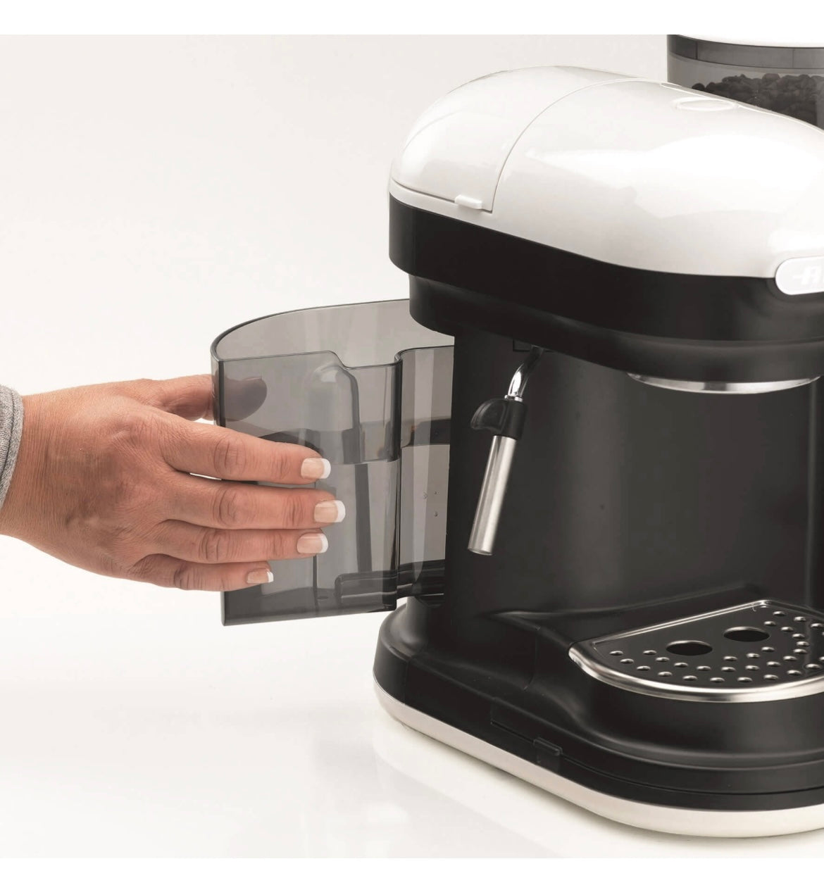 Macchina da caffè espresso con macinacaffè Moderna Bianco. Macinacaffè con erogatore. Filtro per 1 o 2 tazze.15 bar pressione. Autospegnimento. Cappuccinatore. Bianco