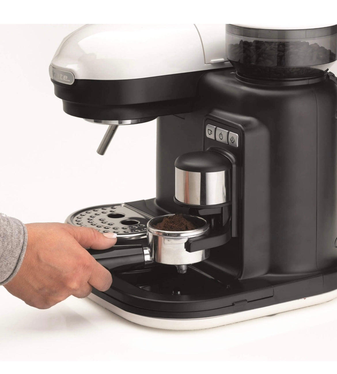 Macchina da caffè espresso con macinacaffè Moderna Bianco. Macinacaffè con erogatore. Filtro per 1 o 2 tazze.15 bar pressione. Autospegnimento. Cappuccinatore. Bianco