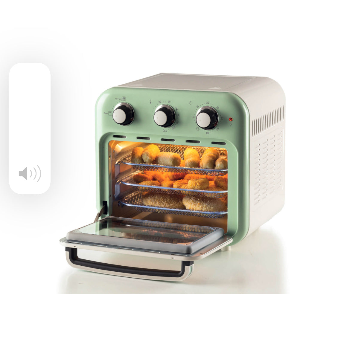 Friggitrice ad aria + Forno Vintage Verde
4632/04
Per grandi quantità di fritto e tanta croccantezza, 16L di capacità. Adatta a fritture di pesce, carne, crocchette, patatine e alimenti impanati. Cestello trasparente. Con luce interna.