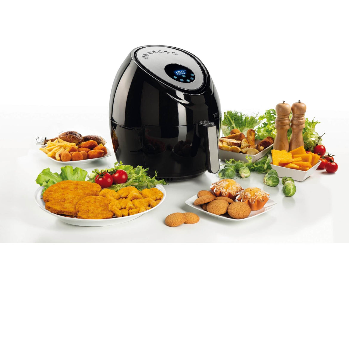 Airy Fryer XXL nero
4618/00
Friggitrice ad aria da 7 litri. Cuoce ad aria calda, frigge senza odori, con un solo cucchiaio di olio fino a 2,5 kg di patatine fritte in una sola volta. Temperatura regolabile max 200°. Nero. BPA Free