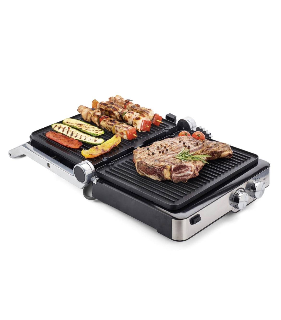 Grill and Taste
1918/00
Griglia elettrica da tavolo con piastre antiaderenti basculanti. Ideale per toast e panini o per grigliate di carne e pesce grazie all’opzione cottura a piastre aperte. Temperatura regolabile, 5 livelli di cottura a fornetto