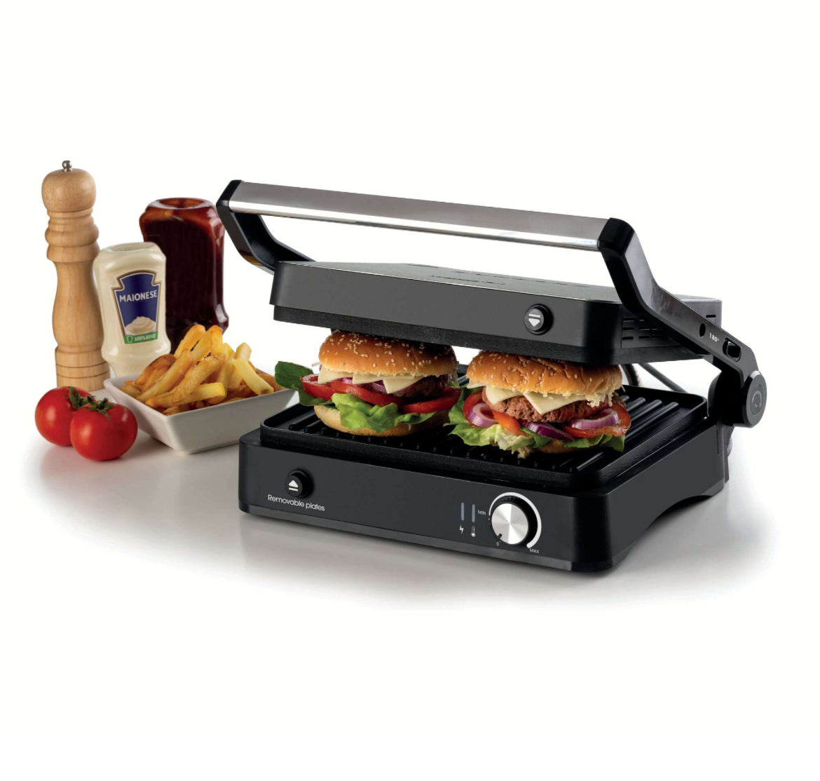 MetalGrill 3in1
1934/00
Per grigliate miste di carne, verdure e pesce senza fumo e odori sgradevoli. Con 3 tipi di cottura: a contatto, a fornetto e a libro aperto fino a 180°C. Temperatura regolabile e griglie antiaderenti removibili.