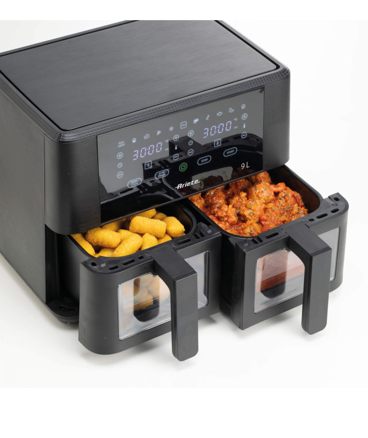 Friggitrice ad aria 9L con vetro
4631/00
Per grandi quantità di fritto e tanta croccantezza. Adatta a fritture di pesce, carne, crocchette, patatine e alimenti impanati. 2 cestelli trasparenti. Funzione Grill, Max Crisp, Dual Cook, Sync, Essiccazione. Ces