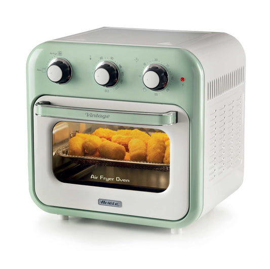 Friggitrice ad aria + Forno Vintage Verde
4632/04
Per grandi quantità di fritto e tanta croccantezza, 16L di capacità. Adatta a fritture di pesce, carne, crocchette, patatine e alimenti impanati. Cestello trasparente. Con luce interna.