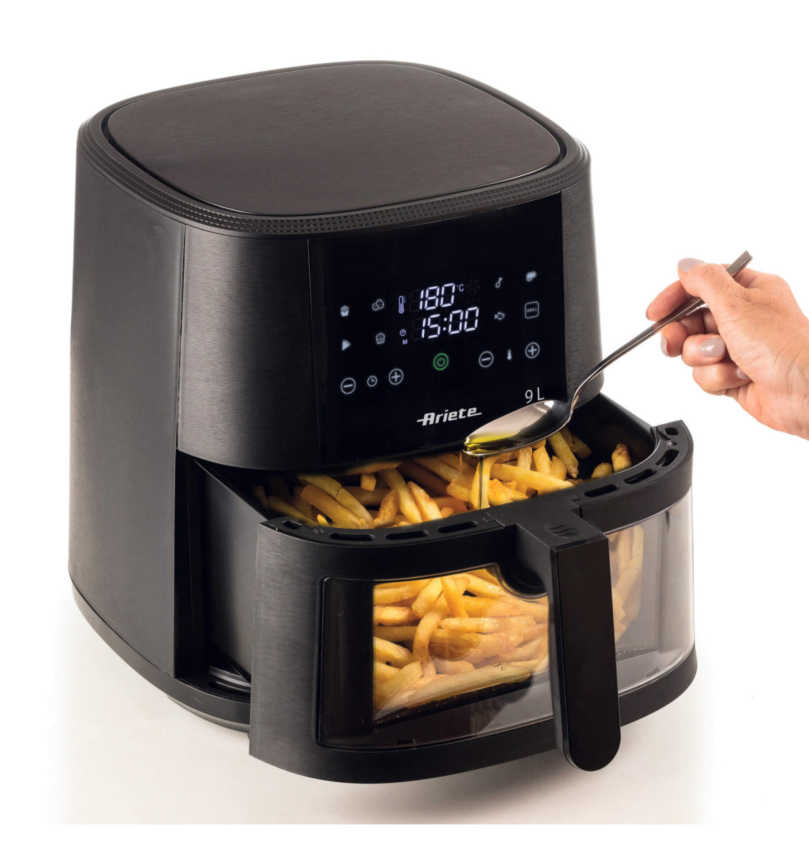 Friggitrice ad aria 9L con vetro Nero
4630/00
Per grandi quantità di fritto e tanta croccantezza. Adatta a fritture di pesce, carne, crocchette, patatine e alimenti impanati. 8 programmi preimpostati ideali per cene in famiglia e con amici. BPA Free