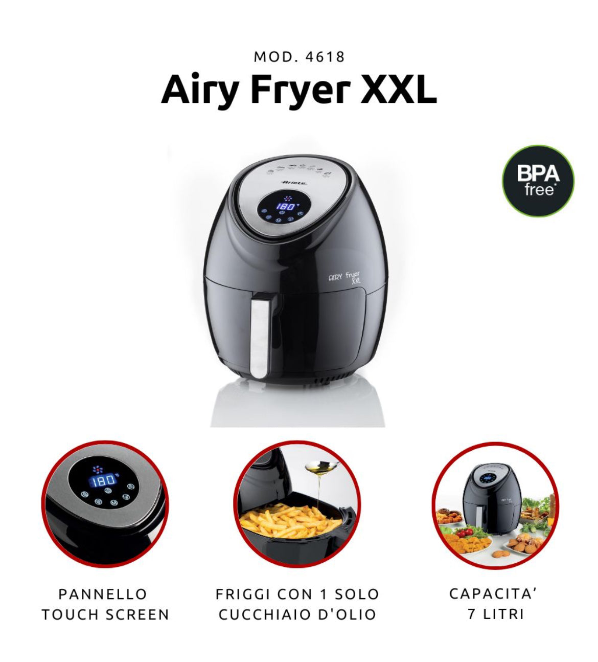 Airy Fryer XXL nero
4618/00
Friggitrice ad aria da 7 litri. Cuoce ad aria calda, frigge senza odori, con un solo cucchiaio di olio fino a 2,5 kg di patatine fritte in una sola volta. Temperatura regolabile max 200°. Nero. BPA Free