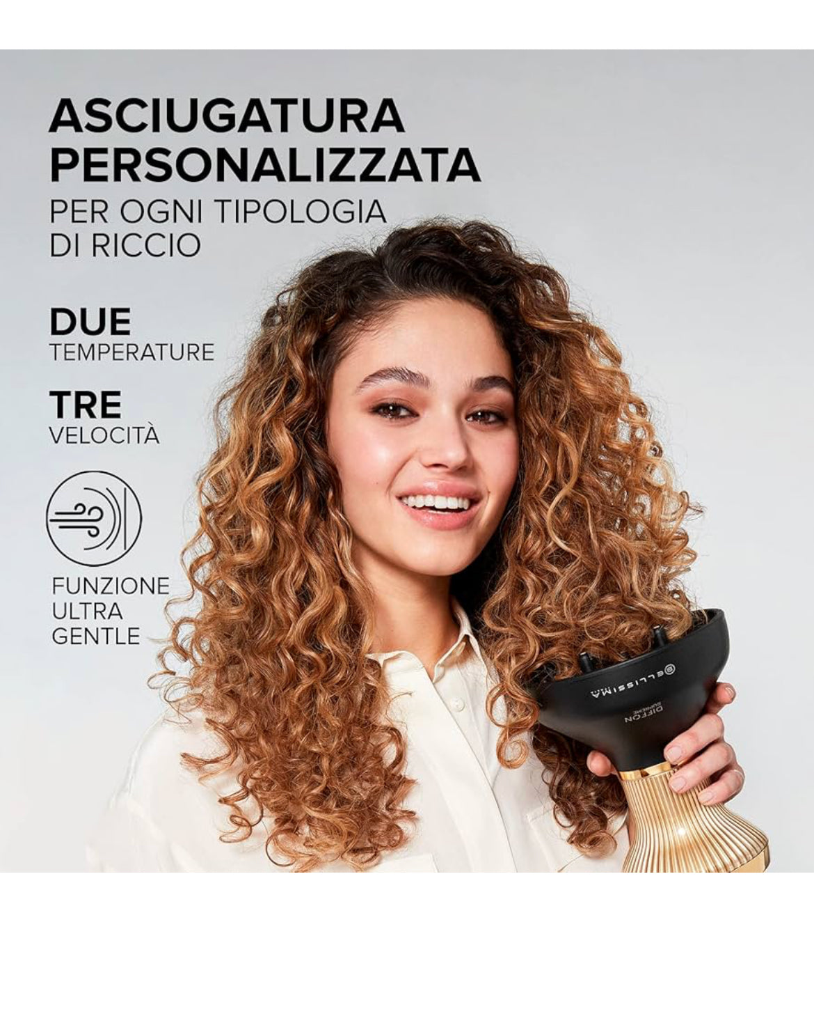 Bellissima Imetec Diffon Supreme, Diffusore ad Aria Calda per Capelli Ricci, Diffusore XL con 12 Dita, Tecnologia Ceramica&Argan Oil, 2 Velocità, 3 Temperature, Asciugatura Delicata 11824