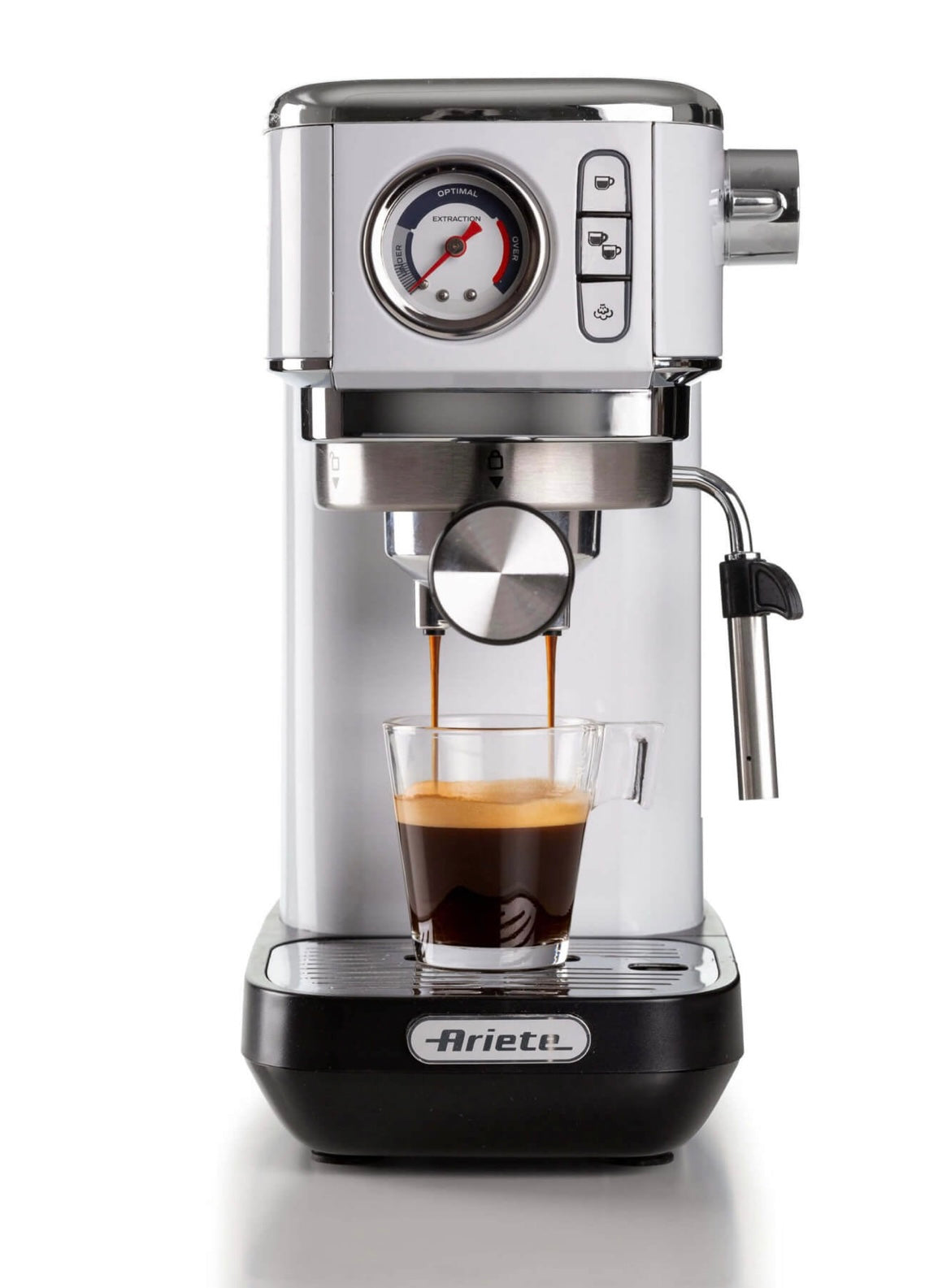 Macchina per caffè espresso Metal con manometro 1381 Bianco
1381/14
Solida preziosa e compatta per caffè gustosi e cappuccini cremosi grazie al dispositivo Maxi-Cappuccino. Manometro integrato. Compatibile con polvere di caffè e cialde ESE. Erogazione acq